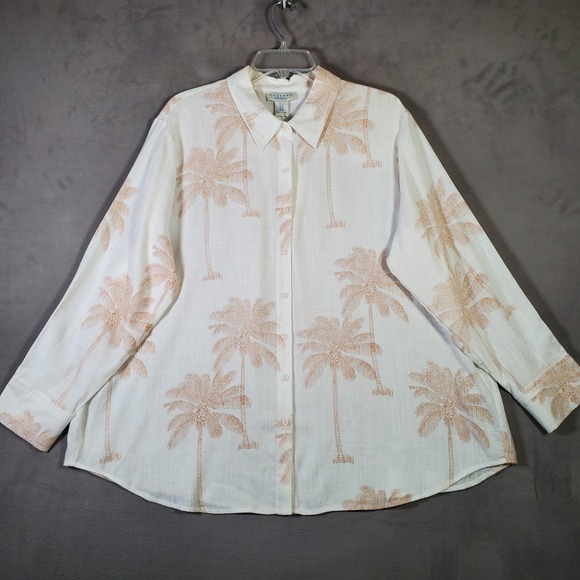 Calypso St Barth Top Womens 2X White Palm Tree Linen Blend Tropical Resort NEW - Picture 2 of 10